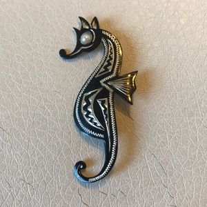 Sterling etched seahorse with real pearl eye